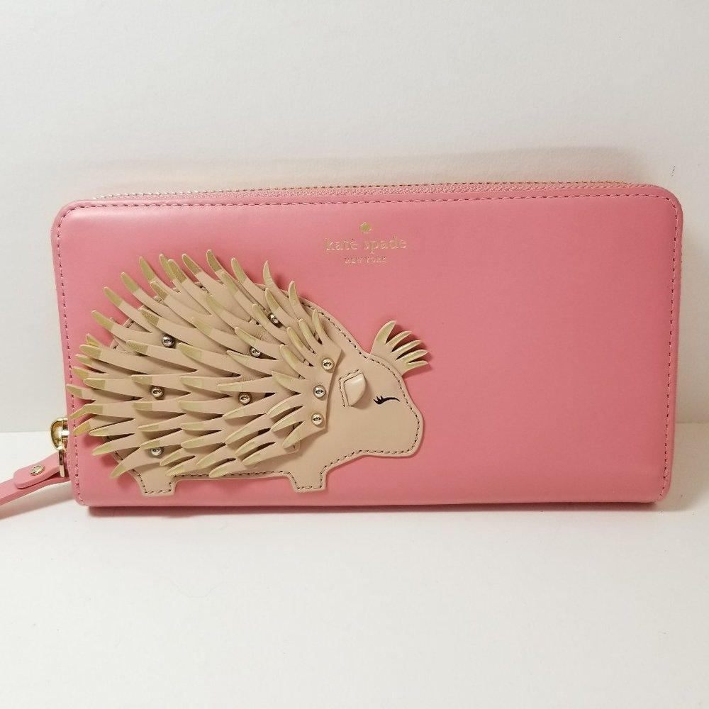 NEW Kate Spade Baja Bound Porcupine Applique Lacey Leather Wallet Pink $228 MSRP